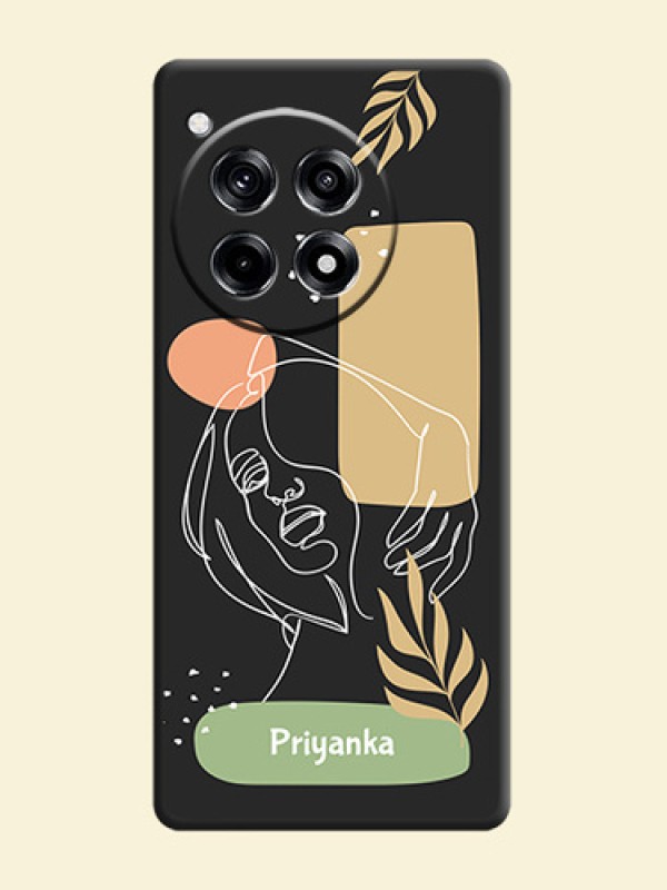 Custom Text With Line Art Of Women & Leaves Design On Space Black Personalized Soft Matte Phone Covers - OnePlus 12R 5G