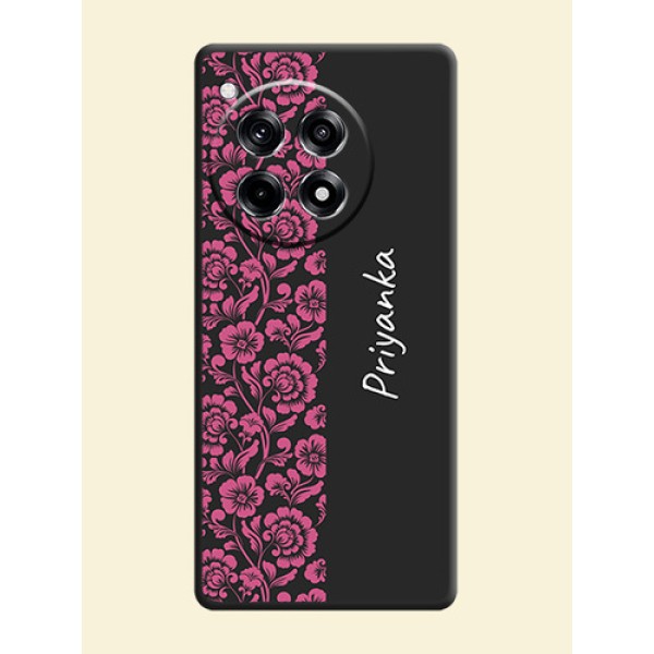 Pink Floral Pattern Design With Custom Text On Space Black Personalized Soft Matte Phone Covers - OnePlus 12R 5G Pink Floral Pattern Design With Custom Text On Space Black Personalized Soft Matte Phone Covers - OnePlus 12R 5G