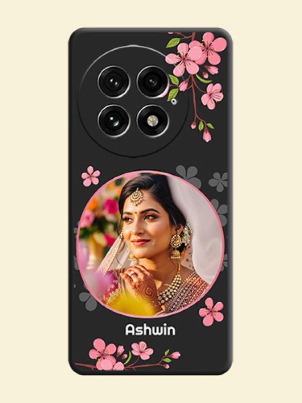 Round Image with Pink Color Floral Design on Photo On Space Black Custom Soft Matte Mobile Back Cover - OnePlus 13 5G