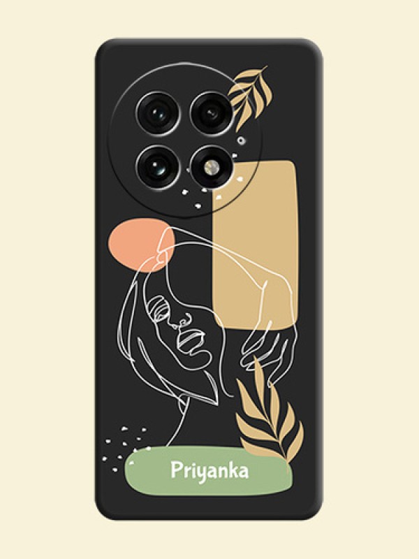 Custom Text With Line Art Of Women & Leaves Design On Space Black Custom Soft Matte Mobile Back Cover - OnePlus 13 5G
