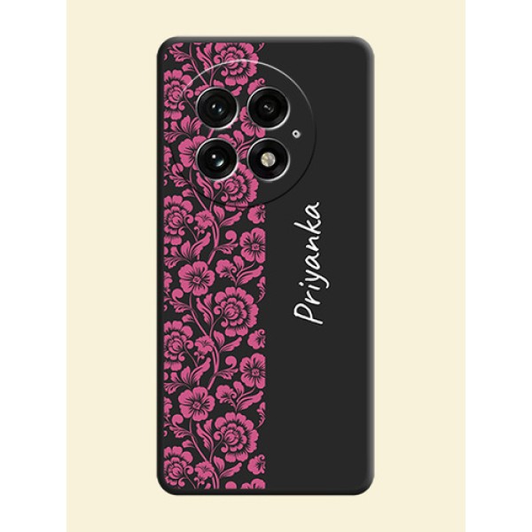 Pink Floral Pattern Design With Custom Text On Space Black Custom Soft Matte Mobile Back Cover - OnePlus 13 5G Pink Floral Pattern Design With Custom Text On Space Black Custom Soft Matte Mobile Back Cover - OnePlus 13 5G
