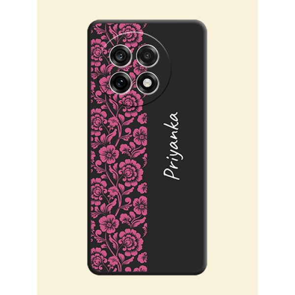 Pink Floral Pattern Design With Custom Text On Space Black Custom Soft Matte Mobile Back Cover - OnePlus 13R 5G Pink Floral Pattern Design With Custom Text On Space Black Custom Soft Matte Mobile Back Cover - OnePlus 13R 5G