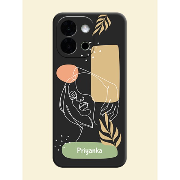 Custom Text With Line Art Of Women & Leaves Design On Space Black Custom Soft Matte Mobile Back Cover - OnePlus 13s 5G