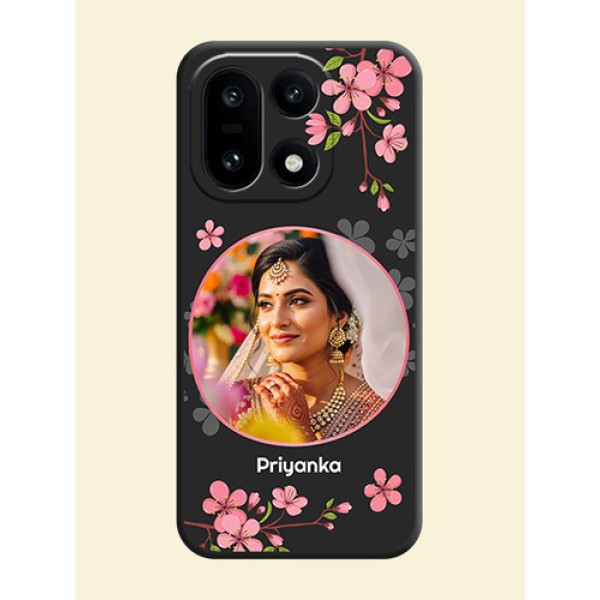 Round Image with Pink Color Floral Design on Photo On Space Black Custom Soft Matte Mobile Back Cover - OnePlus 15 5G