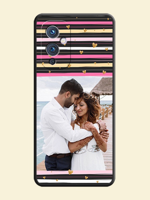 Multicolor Lines and Golden Love Symbols Design on Photo on Space Black Soft Matte Mobile Cover - Oneplus 9 5G