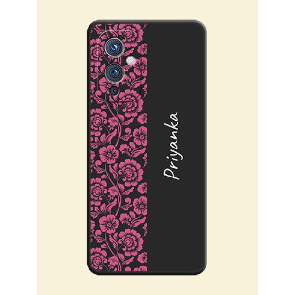 Pink Floral Pattern Design With Custom Text On Space Black Personalized Soft Matte Phone Covers -Oneplus 9 5G Pink Floral Pattern Design With Custom Text On Space Black Personalized Soft Matte Phone Covers -Oneplus 9 5G