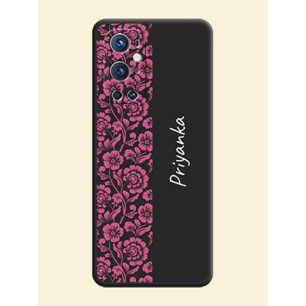 Pink Floral Pattern Design With Custom Text On Space Black Personalized Soft Matte Phone Covers -Oneplus 9 Pro 5G Pink Floral Pattern Design With Custom Text On Space Black Personalized Soft Matte Phone Covers -Oneplus 9 Pro 5G