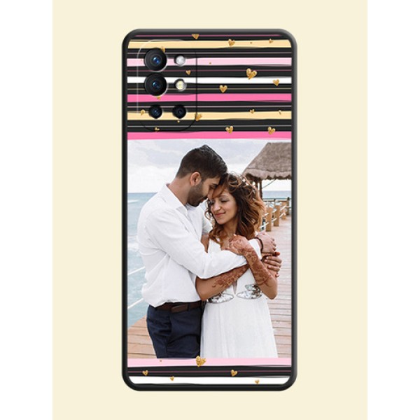 Multicolor Lines and Golden Love Symbols Design on Photo on Space Black Soft Matte Mobile Cover - Oneplus 9R 5G Multicolor Lines and Golden Love Symbols Design on Photo on Space Black Soft Matte Mobile Cover - Oneplus 9R 5G