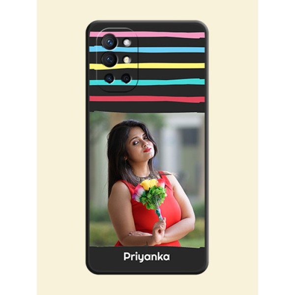 Multicolor Lines with Image on Space Black Personalized Soft Matte Phone Covers - Oneplus 9R 5G Multicolor Lines with Image on Space Black Personalized Soft Matte Phone Covers - Oneplus 9R 5G