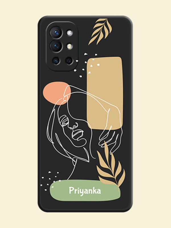 Custom Text With Line Art Of Women & Leaves Design On Space Black Personalized Soft Matte Phone Covers -Oneplus 9R 5G