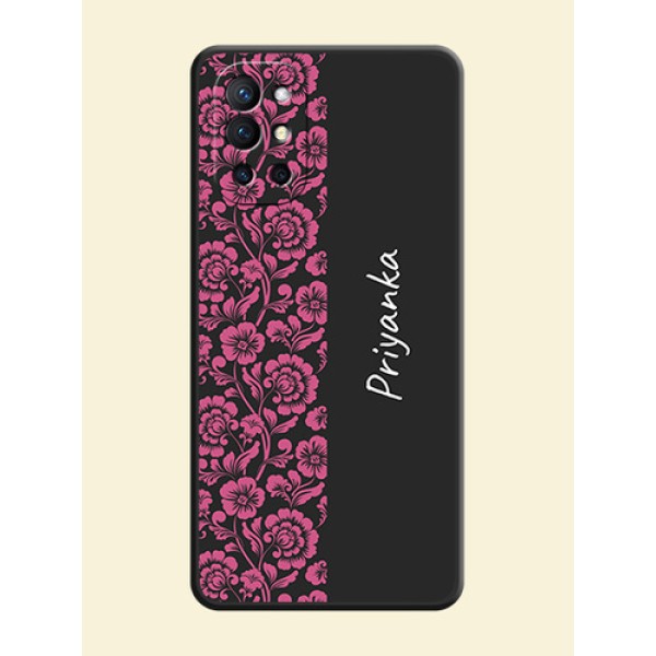 Pink Floral Pattern Design With Custom Text On Space Black Personalized Soft Matte Phone Covers -Oneplus 9R 5G Pink Floral Pattern Design With Custom Text On Space Black Personalized Soft Matte Phone Covers -Oneplus 9R 5G