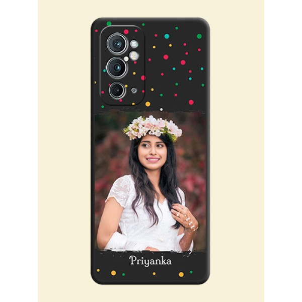 Multicolor Dotted Pattern with Text on Space Black Custom Soft Matte Phone Back Cover - OnePlus 9RT 5G Multicolor Dotted Pattern with Text on Space Black Custom Soft Matte Phone Back Cover - OnePlus 9RT 5G