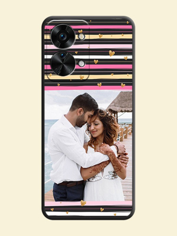 Multicolor Lines and Golden Love Symbols Design on Photo on Space Black Soft Matte Mobile Cover - OnePlus Nord 2T 5G