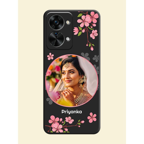 Round Image with Pink Color Floral Design on Photo on Space Black Soft Matte Back Cover - OnePlus Nord 2T 5G