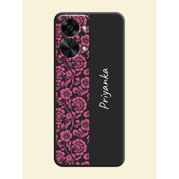 Pink Floral Pattern Design With Custom Text On Space Black Personalized Soft Matte Phone Covers -Oneplus Nord 2T 5G Pink Floral Pattern Design With Custom Text On Space Black Personalized Soft Matte Phone Covers -Oneplus Nord 2T 5G