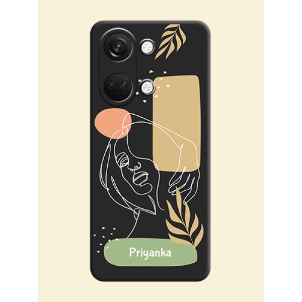 Custom Text With Line Art Of Women & Leaves Design On Space Black Personalized Soft Matte Phone Covers - OnePlus Nord 3 5G