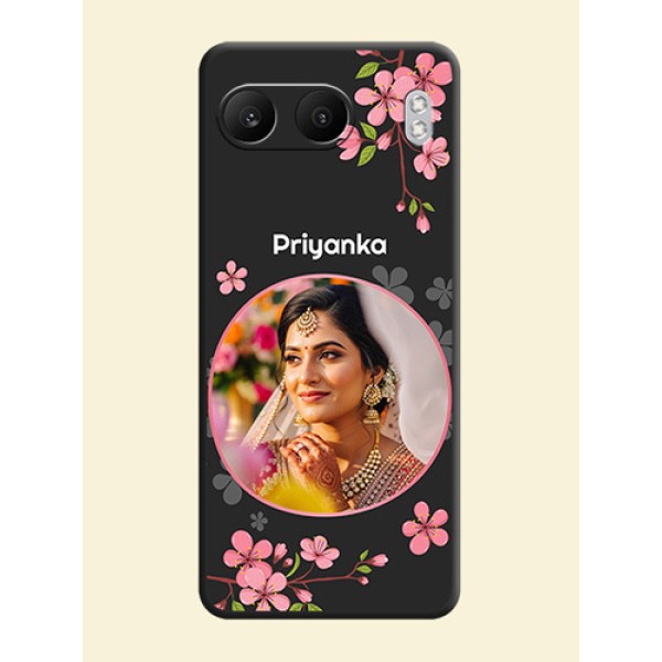 Round Image with Pink Color Floral Design on Photo On Space Black Custom Soft Matte Mobile Back Cover - Nord 4 5G
