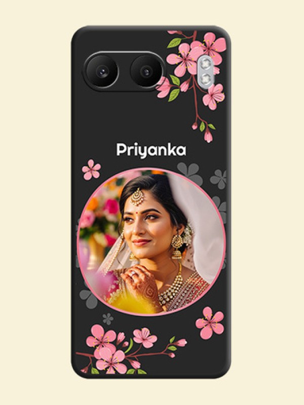 Round Image with Pink Color Floral Design on Photo On Space Black Custom Soft Matte Mobile Back Cover - Nord 4 5G