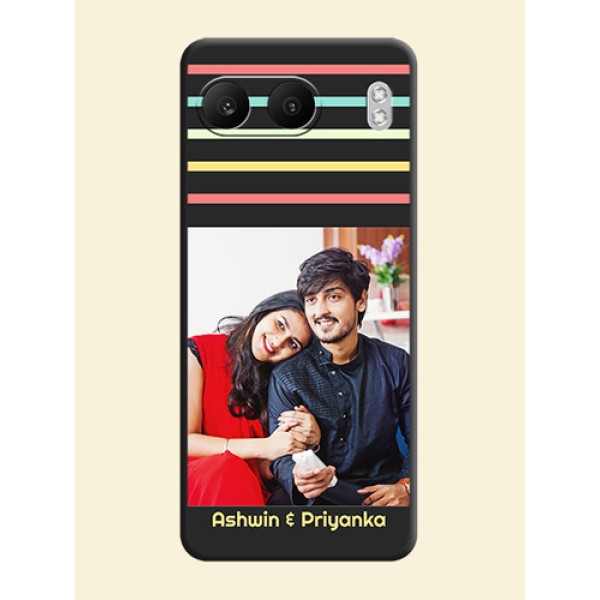 Color Stripes with Photo and Text on Photo On Space Black Custom Soft Matte Mobile Back Cover - Nord 4 5G Color Stripes with Photo and Text on Photo On Space Black Custom Soft Matte Mobile Back Cover - Nord 4 5G