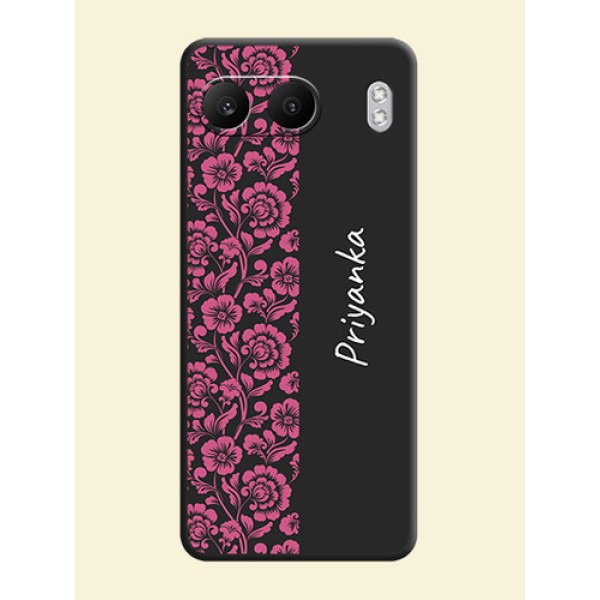 Pink Floral Pattern Design With Custom Text On Space Black Custom Soft Matte Mobile Back Cover - Nord 4 5G Pink Floral Pattern Design With Custom Text On Space Black Custom Soft Matte Mobile Back Cover - Nord 4 5G