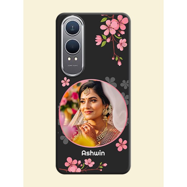 Round Image with Pink Color Floral Design on Photo On Space Black Custom Soft Matte Mobile Back Cover - OnePlus Nord CE 4 Lite 5G