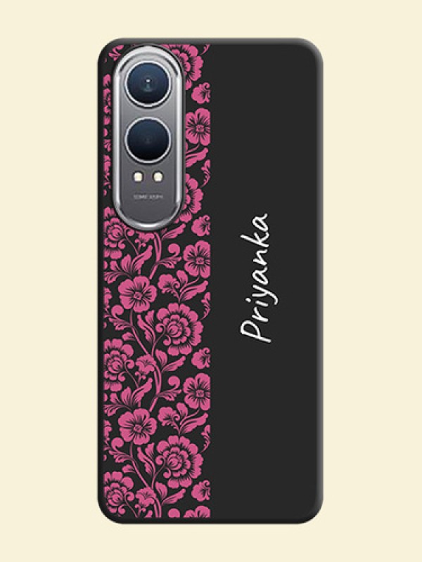 Pink Floral Pattern Design With Custom Text On Space Black Custom Soft Matte Mobile Back Cover - OnePlus Nord CE 4 Lite 5G