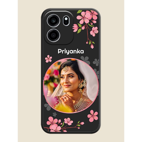 Round Image with Pink Color Floral Design on Photo On Space Black Custom Soft Matte Mobile Back Cover - Oneplus Nord CE 6 5G