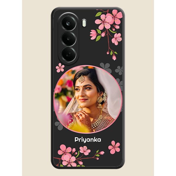 Round Image with Pink Color Floral Design on Photo On Space Black Custom Soft Matte Mobile Back Cover - Oneplus Nord CE 6 Lite 5G
