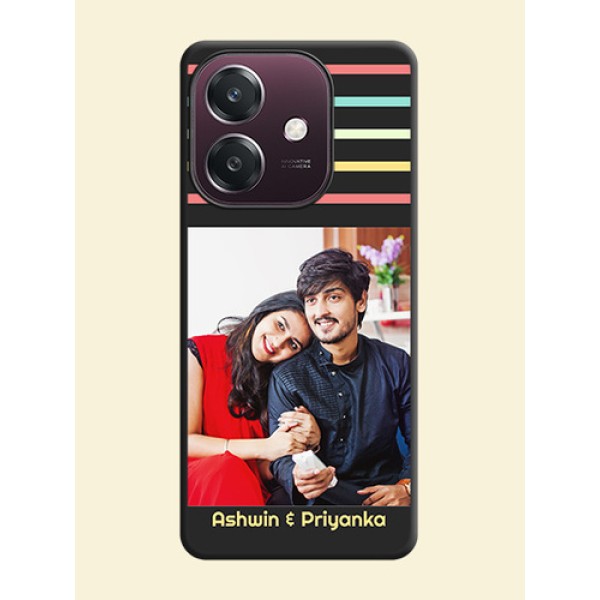 Color Stripes with Photo and Text on Photo On Space Black Custom Soft Matte Mobile Back Cover - Oppo A3 5G Color Stripes with Photo and Text on Photo On Space Black Custom Soft Matte Mobile Back Cover - Oppo A3 5G