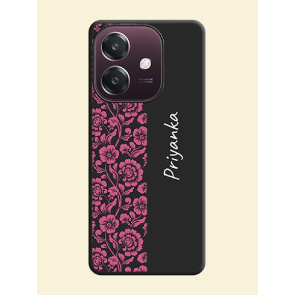 Pink Floral Pattern Design With Custom Text On Space Black Custom Soft Matte Mobile Back Cover - Oppo A3 5G Pink Floral Pattern Design With Custom Text On Space Black Custom Soft Matte Mobile Back Cover - Oppo A3 5G