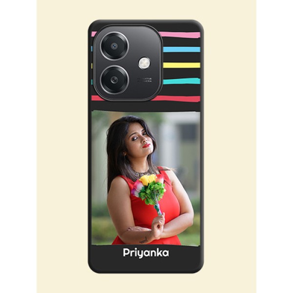 Multicolor Lines with Image On Space Black Custom Soft Matte Mobile Back Cover - Oppo A3X 5G Multicolor Lines with Image On Space Black Custom Soft Matte Mobile Back Cover - Oppo A3X 5G
