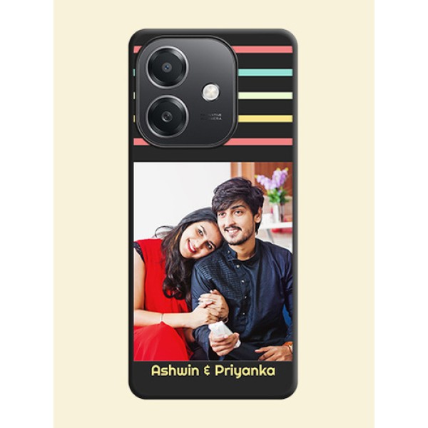 Color Stripes with Photo and Text on Photo On Space Black Custom Soft Matte Mobile Back Cover - Oppo A3X 5G Color Stripes with Photo and Text on Photo On Space Black Custom Soft Matte Mobile Back Cover - Oppo A3X 5G