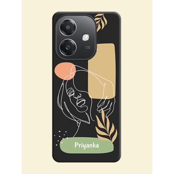 Custom Text With Line Art Of Women & Leaves Design On Space Black Custom Soft Matte Mobile Back Cover - Oppo A3X 5G