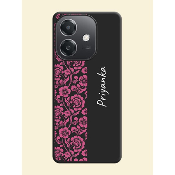 Pink Floral Pattern Design With Custom Text On Space Black Custom Soft Matte Mobile Back Cover - Oppo A3X 5G Pink Floral Pattern Design With Custom Text On Space Black Custom Soft Matte Mobile Back Cover - Oppo A3X 5G
