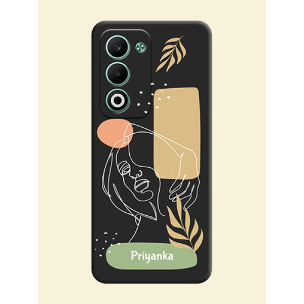 Custom Text With Line Art Of Women & Leaves Design On Space Black Custom Soft Matte Mobile Back Cover - Oppo A5 5G