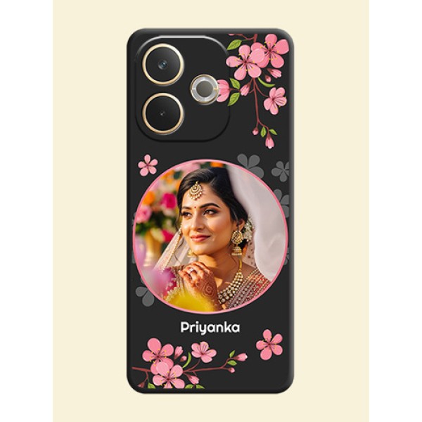 Round Image with Pink Color Floral Design on Photo On Space Black Custom Soft Matte Mobile Back Cover - Oppo A5 Pro 5G