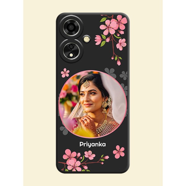 Round Image with Pink Color Floral Design on Photo On Space Black Custom Soft Matte Mobile Back Cover - Oppo A59 5G Round Image with Pink Color Floral Design on Photo On Space Black Custom Soft Matte Mobile Back Cover - Oppo A59 5G