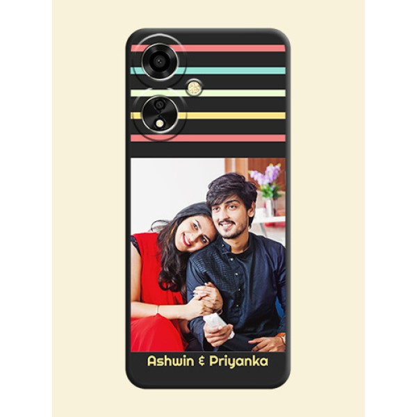 Color Stripes with Photo and Text on Photo On Space Black Custom Soft Matte Mobile Back Cover - Oppo A59 5G Color Stripes with Photo and Text on Photo On Space Black Custom Soft Matte Mobile Back Cover - Oppo A59 5G