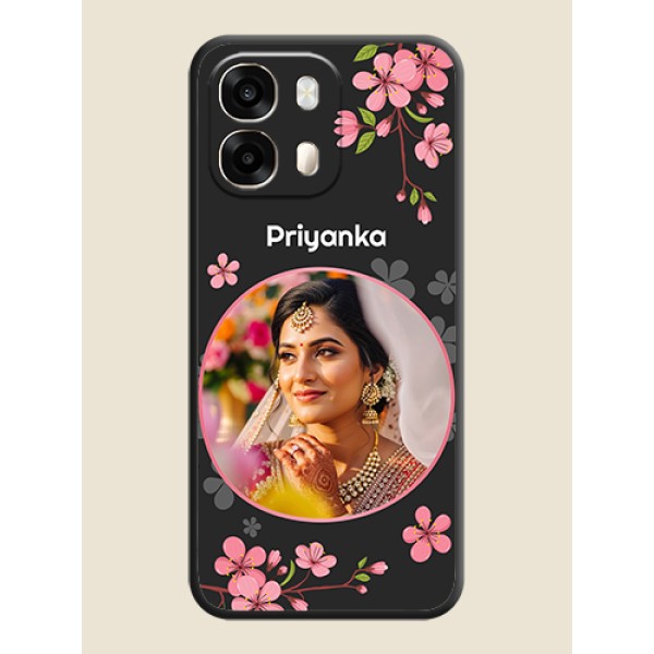 Round Image with Pink Color Floral Design on Photo On Space Black Custom Soft Matte Mobile Back Cover - Oppo A6 Pro 5G