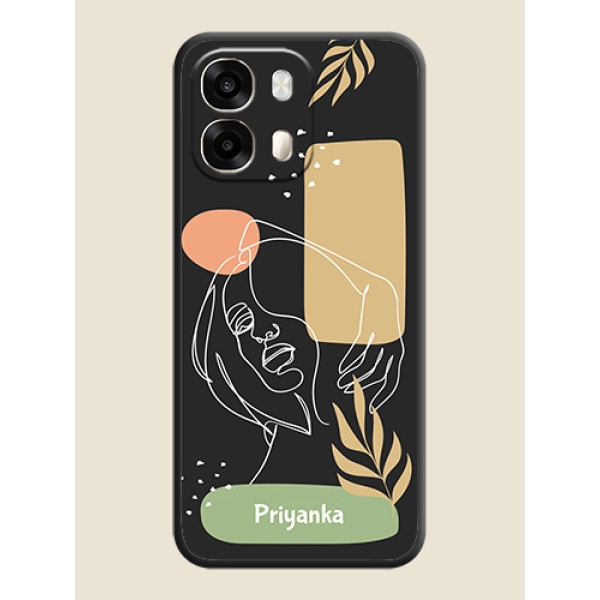 Custom Text With Line Art Of Women & Leaves Design On Space Black Custom Soft Matte Mobile Back Cover - Oppo A6 Pro 5G