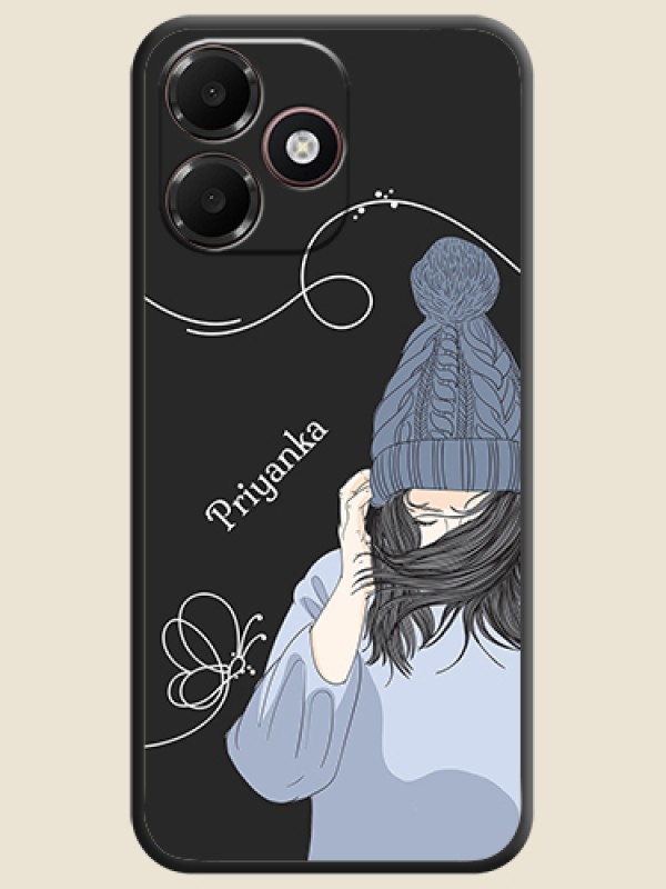 Girl With Blue Winter Outfiit Custom Text Design On Space Black Custom Soft Matte Mobile Back Cover - Oppo A6c 4G