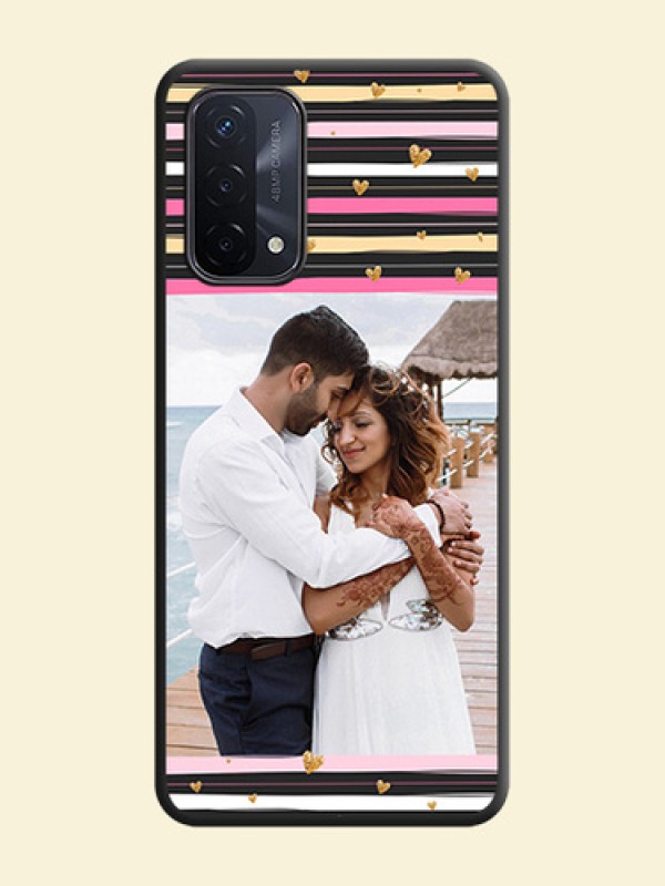 Multicolor Lines and Golden Love Symbols Design on Photo on Space Black Soft Matte Mobile Cover - Oppo A74 5G