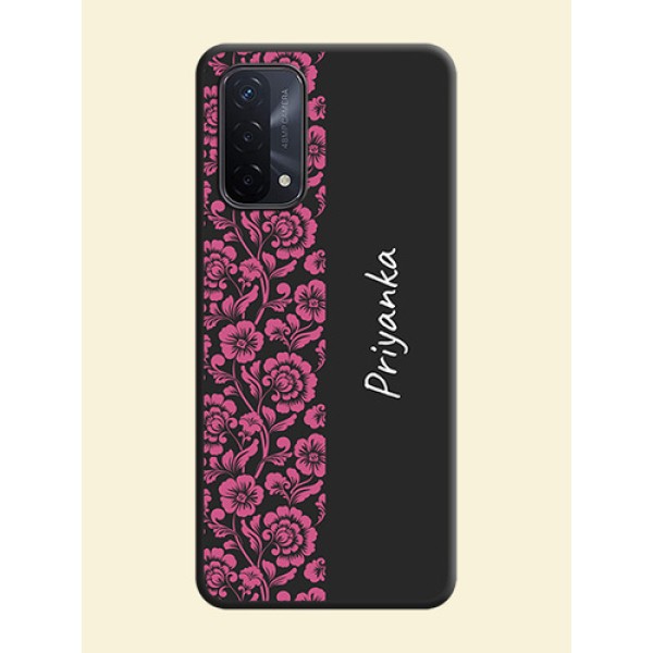 Pink Floral Pattern Design With Custom Text On Space Black Personalized Soft Matte Phone Covers -Oppo A74 5G Pink Floral Pattern Design With Custom Text On Space Black Personalized Soft Matte Phone Covers -Oppo A74 5G