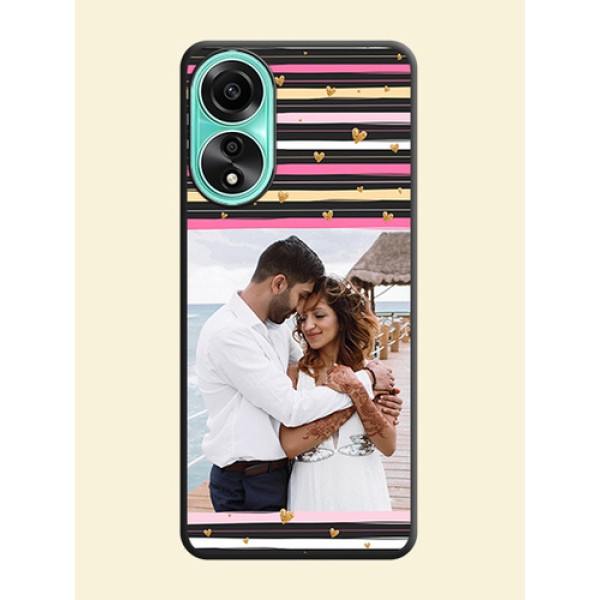 Multicolor Lines and Golden Love Symbols Design - Photo on Space Black Soft Matte Mobile Cover - Oppo A78 4G Multicolor Lines and Golden Love Symbols Design - Photo on Space Black Soft Matte Mobile Cover - Oppo A78 4G