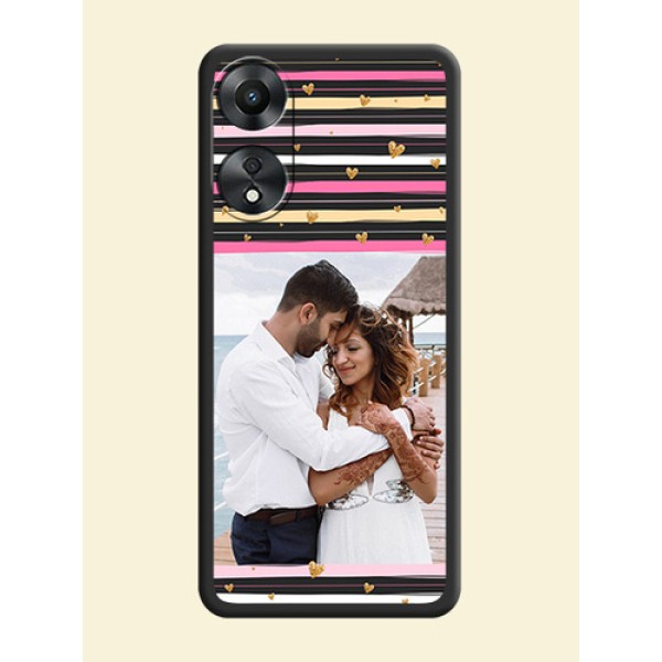Multicolor Lines and Golden Love Symbols Design on Photo on Space Black Soft Matte Mobile Cover - Oppo A78 5G Multicolor Lines and Golden Love Symbols Design on Photo on Space Black Soft Matte Mobile Cover - Oppo A78 5G