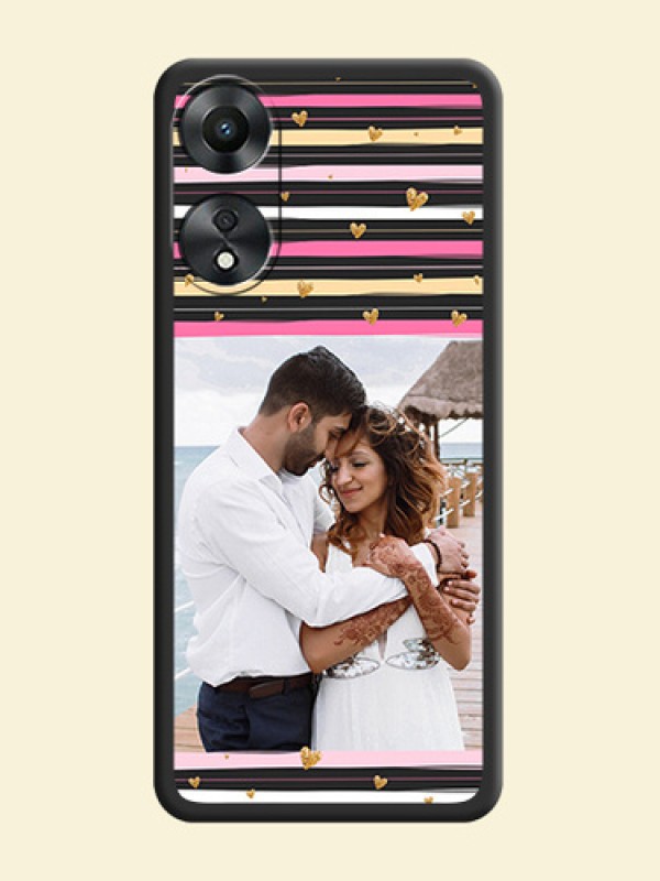 Multicolor Lines and Golden Love Symbols Design on Photo on Space Black Soft Matte Mobile Cover - Oppo A78 5G