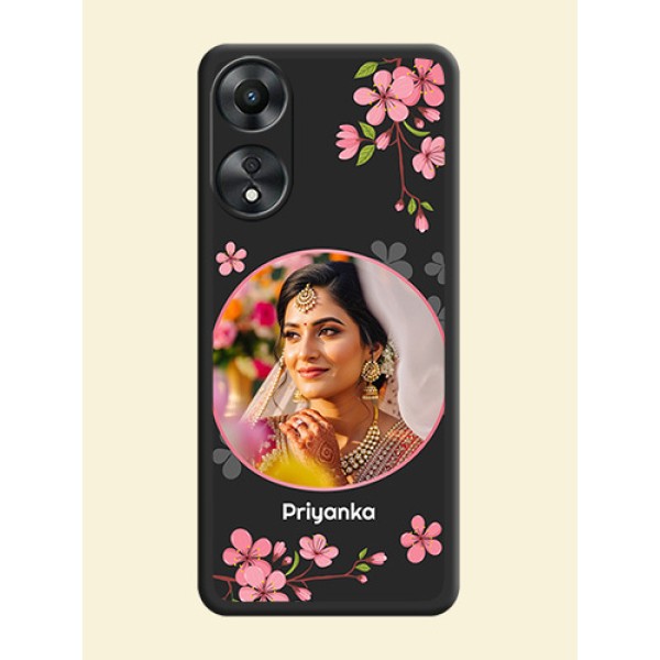 Round Image with Pink Color Floral Design on Photo on Space Black Soft Matte Back Cover - Oppo A78 5G