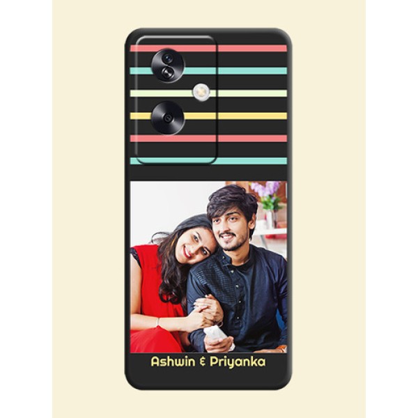 Color Stripes with Photo and Text on Photo On Space Black Custom Soft Matte Mobile Back Cover - Oppo A79 5G Color Stripes with Photo and Text on Photo On Space Black Custom Soft Matte Mobile Back Cover - Oppo A79 5G