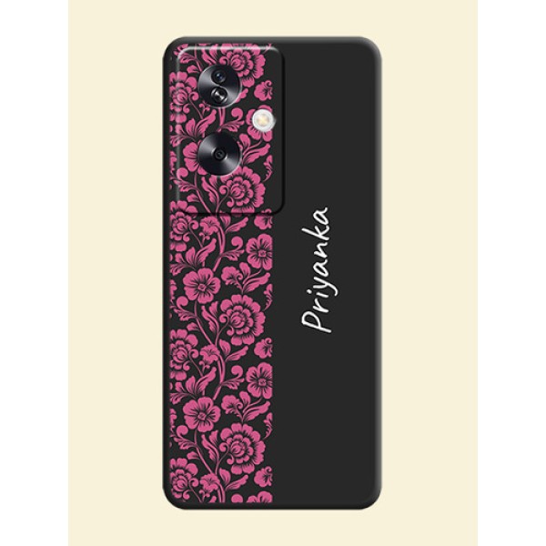 Pink Floral Pattern Design With Custom Text On Space Black Custom Soft Matte Mobile Back Cover - Oppo A79 5G Pink Floral Pattern Design With Custom Text On Space Black Custom Soft Matte Mobile Back Cover - Oppo A79 5G