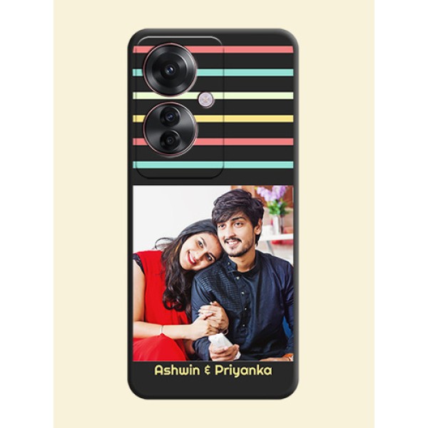 Color Stripes with Photo and Text on Photo On Space Black Custom Soft Matte Mobile Back Cover - Oppo F25 Pro 5G Color Stripes with Photo and Text on Photo On Space Black Custom Soft Matte Mobile Back Cover - Oppo F25 Pro 5G